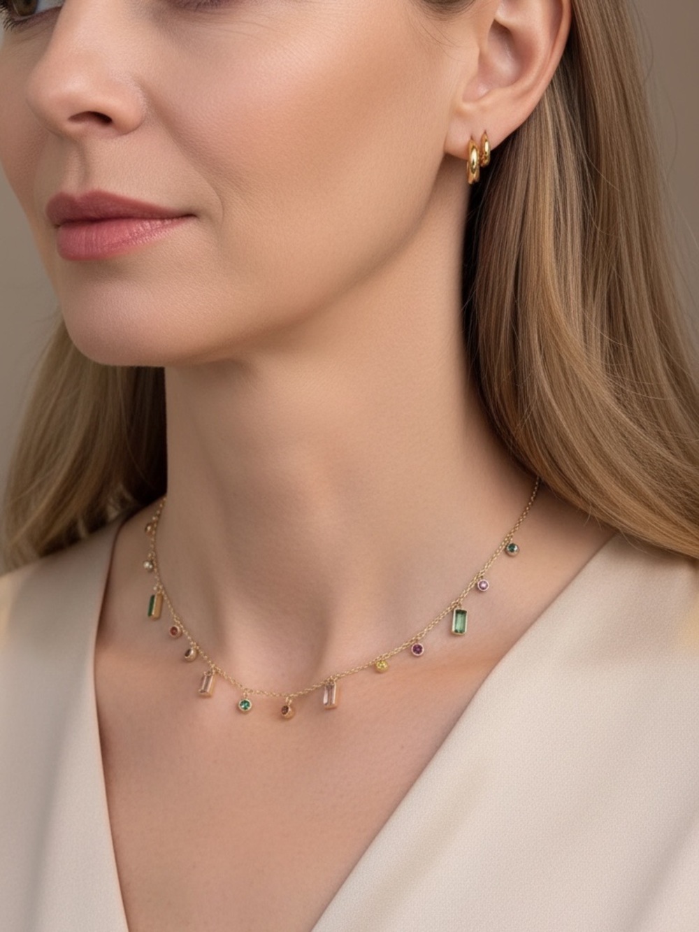 18k Gold Plated Multicolour CZ Mixed Cut Drop Necklace. New.